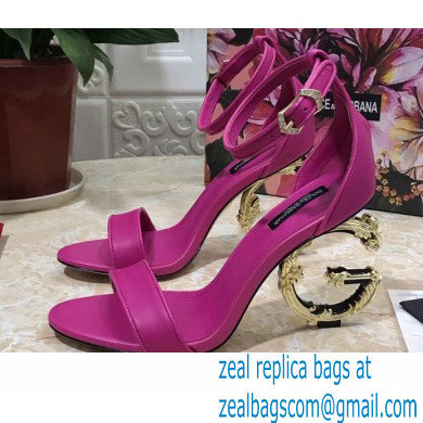 Dolce & Gabbana Heel 10.5cm Leather Sandals Fuchsia with Baroque D & G Heel 2021 - Click Image to Close